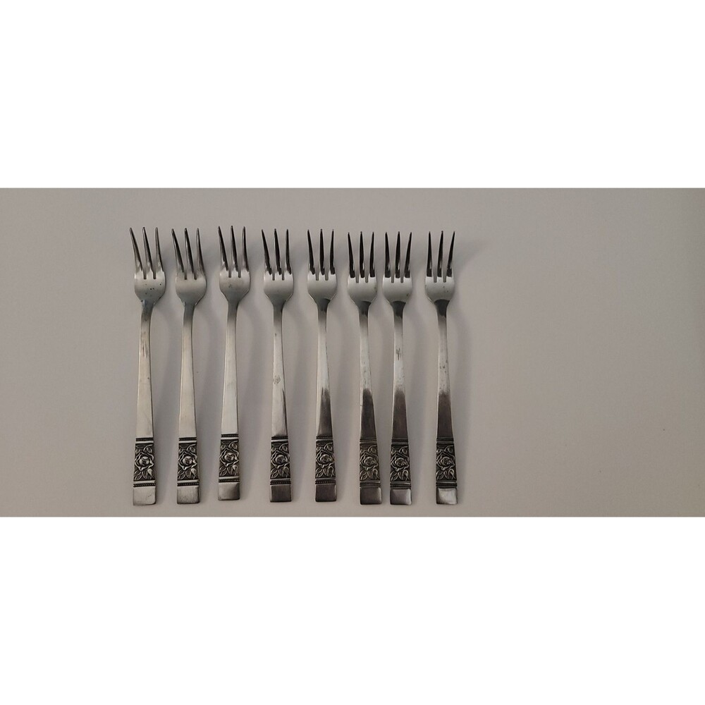 Set of 8 VTG National Stainless Laureen Rose Cocktail Forks Stainless Flatware